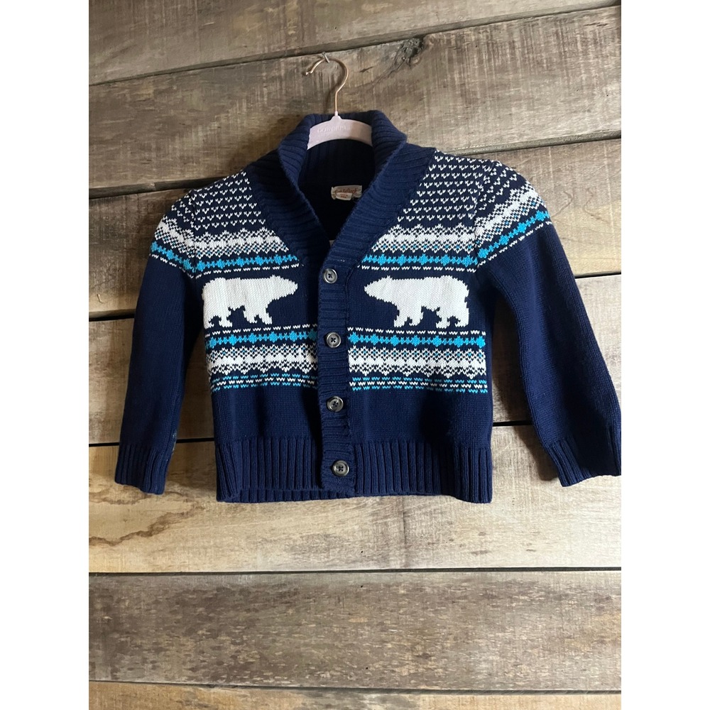 Cat & Jack Boys Navy Blue Polar Bear Shawl Collar Button Front Cardigan Sweater